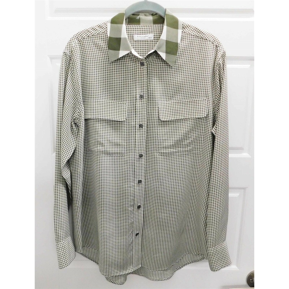 Equipment Green White Check Silk‎ Button Down Blouse sz XS